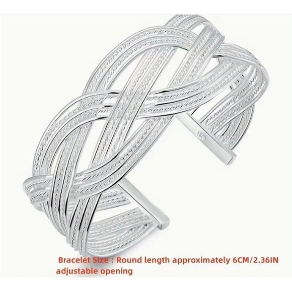 925 Silvery-Plated Copper Geometric Weave Cuff Bracelet Braided - Picture 2 of 8